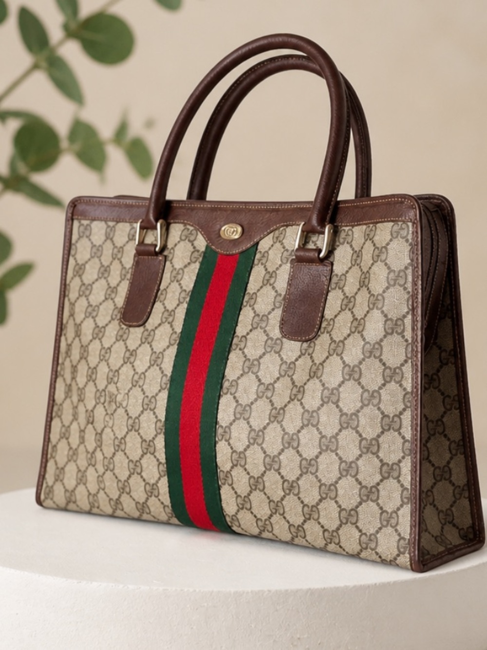 Gucci Sherry Line /Beige GG Supreme Tote Bag with Green-Red Web Stripe.